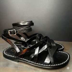 Sam Edelman Flat Sandal 5 Ankle Wrap Gladiator Strappy Vacation Black Meriai
